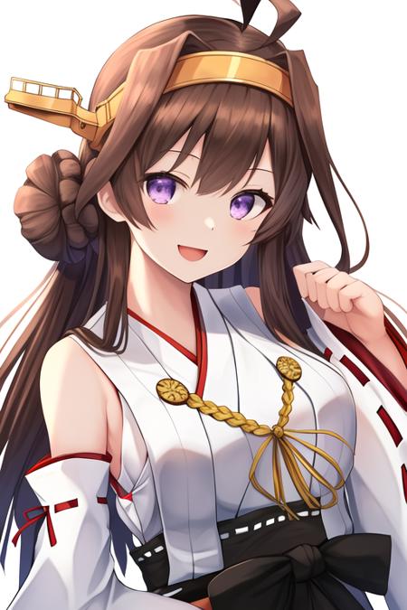 masterpiece, best quality, highres, solo, {kongou_kantaicollection:1.10}, brown_hair, long_hair, ahoge, hairband, hair_bun, double_bun, headgear, nontraditional_miko, smile, purple_eyes, open_mouth, 1girl, detached_sleeves, japanese_clothes, ribbon-trimmed_sleeves, ribbon_trim, looking_at_viewer, simple_background, upper_body, white_background