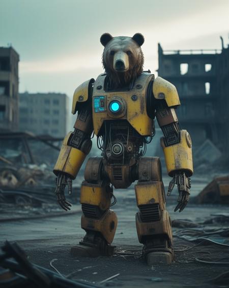 A cybernetic Bear stands amidst ruins, with one side resembling a mechanical robot and the other side retaining its natural fur. The background is a desolate wasteland with crumbling buildings, rusted machinery, and a toxic yellow sky. Incorporate subtle details like glowing blue circuits, exposed wires, and worn leather straps to convey a sense of decay and technological overreach