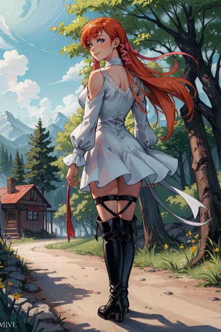 masterpiece, best quality, ryne, hair ribbon, white dress, thigh boots, from behind, forest, dirt road, sky, smile <lora:ryne-nvwls-v2-000012:0.9>