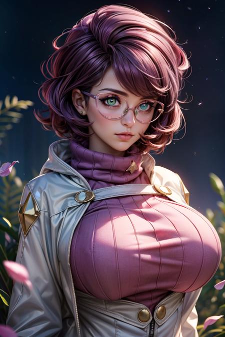 zzWicke, green eyes, glasses, pink-framed eyewear, purple hair, short hair, big hair, zzWicke, green eyes, glasses, pink-framed eyewear, purple hair, short hair, big hair, pink sweater, turtleneck sweater, white coat