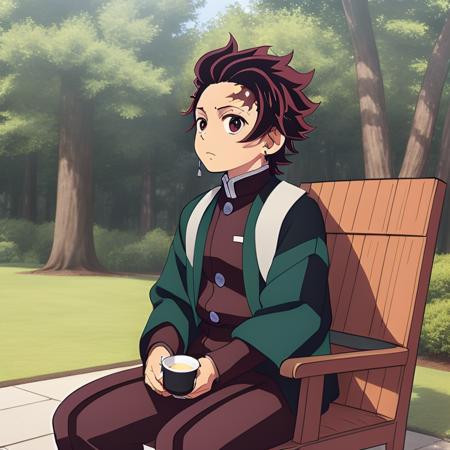 <lora:kamado_tanjirou:0.65> 1 boy,kamado_tanjirou, portrait, wearing casual clothes, sunshine, sitting on the Rocking Chair, drinking tea, side view