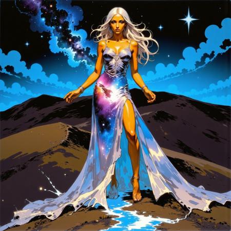  score_9, score_8_up, score_7_up, score_6_up, 8k, hd, master piece, stunning scenario. A goddess wearing the galaxy as a long robe that floats in waves. She wears a cosmic dress while stands in the top of a hill on an dark and gray dunes. She have an angelic face and round green eyes, glossy red lips and a perfect metallic and glossy gold skin and a flowing long silver hair that dissolves and blends with the background. She stands in a powerful stance looking to the viewer. Her feet liquify into a river of silver and stars that cuts down the hills.  embedding:easynegative.safetensors   embedding:badhandv4.pt  DGLO style.