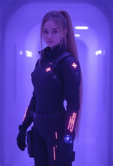 ""Neon-Edge Space Medic – Cinematic Cowboy Shot"
"A battle-ready medic stands in a heroic cowboy shot (mid-thigh up), her stance relaxed but alert. Glowing red neon accents pulse across her outfit, casting an eerie light on her pale skin and freckles. Her vibrant orange ponytail spills over one shoulder, contrasting with the deep black tactical gear. A playful, confident smirk hints at her unshakable competence. She has large, round natural breasts and a fit physique. And dreamy, hypnotizing Blue eyes.
Outfit & Neon Details:
Black cargo coat with thick red neon piping along the seams and a large, glowing red cross on the back (emitting a soft hum and flicker like a powered sign).
Sleeve-mounted vital monitors with pulsing red graphs tracking nearby injuries.
Utility belt lined with tiny bioluminescent strips (blue for sterile tools, red for emergency meds).
Gloves with neon-red touchpad interfaces on the knuckles. 
Tech Upgrades:
Left-eye scanner projects a floating red HUD with scrolling diagnostics.
Wrist-mounted smartwatch tablet (glowing blue holograms contrast with the red neon).
Black-and-red drone now has neon-red thruster rings. 
Gun-shaped injector holstered on her thigh, its ammo counter glowing red.
Scene:
The spaceship med-bay is well-lit and gleams with reflective white panels, now streaked with neon reflections from her gear. Through the window, a purple nebula bathes the room in an otherworldly glow.