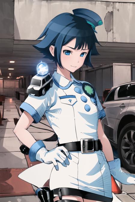 masterpiece, best quality, ultra-detailed, 1girl, white shirt, uniform, 3 blue buttons, police hat, police light bar, white gloves, police star, black belt,