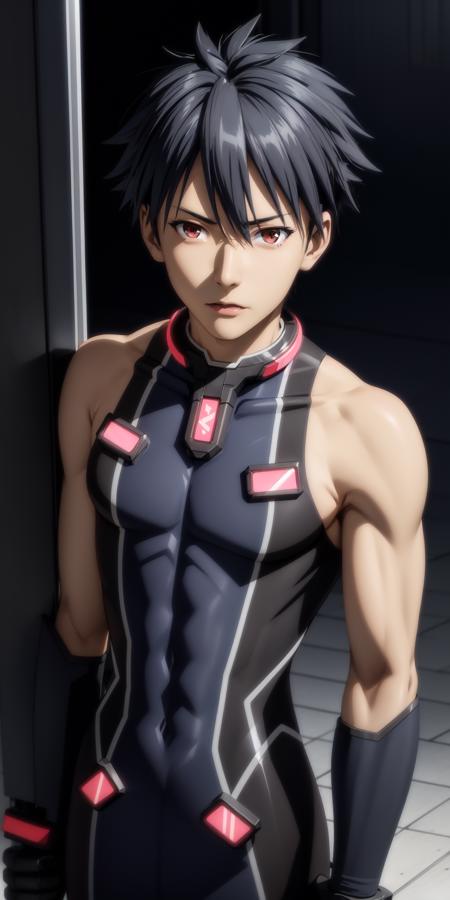 (realistic:1.3), kisaragi hayato\(hundred\), variable suit\(kisaragi hayato\), sleeveless, bare shoulders, gloves, solo, looking at viewer, short hair, bangs, black hair, 1boy, hair between eyes, black gloves, male focus