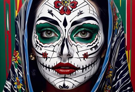 A real mexican's catrina green eyes, one blood tear The overall style is reminiscent of Roy Lichtenstein's work.The piece features a distorted, elongated face with a wide-open mouth, expressing both joy and sorrow. The background showcases a series of sharp, jagged lines and shapes, evoking a sense of fear and fright.