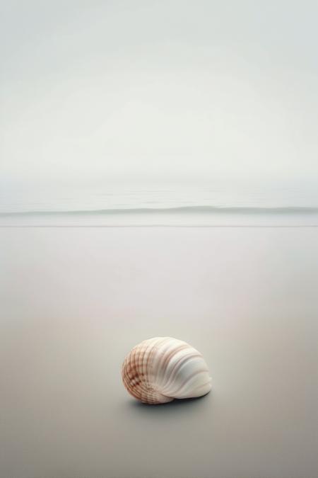 <lora:Akos Major style:1>Akos Major style - Presented is an editorial-style, surreal illustration by Akos Major, capturing the essence of minimalism. It showcases a lonely seashell by the ocean, with meticulous attention to detail and minimal retouching applied. straight horizon line the composition is in the distance, Wide-Angle Lenses, minimum shadows and long exposure. The artwork has been digitally enhanced to achieve a realistic appearance while maintaining its high-resolution quality. The illustration is rendered in a flat, pastel color palette, adding to its overall simplicity and elegance and have an original idea and minimal composition