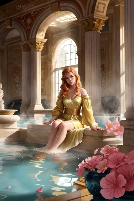 (beautiful blonde woman:1.2) (bathing:1.4) in roman (bath:1.2) house lilys flowers petals ceramic vases marble mahogany wood trim teal water royal robes wealthy luxury opulent extravagant immaculate ornate, from_side Clutter-Home
(masterpiece:1.1) (best quality) (detailed) (intricate) (8k) (HDR) (cinematic lighting) (sharp focus) (DollieNobodySD15)