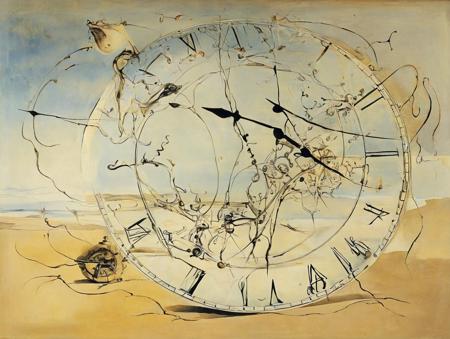 Surrealism, a painting of a clock, art by Salvador Dali, expressive, dramatic, organic lines and forms, dreamlike, mysterious, Surrealism