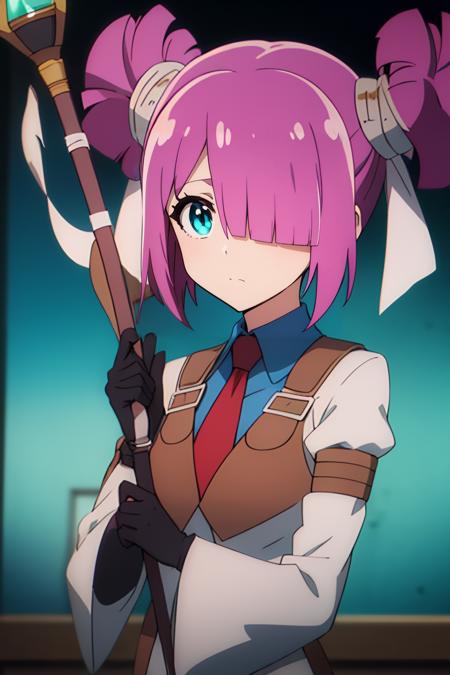  laura sati, 1girl, short_hair, pink_hair, hair_over_one_eye, blue_eyes, purple_hair, hair_bun, twintails, solo,