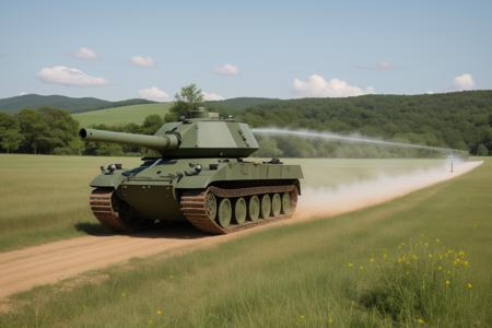 <lora:detail_slider_v4:1.2>,(high-tech compact dark-green tank) with composite armor, diesel, mine-sweeping equipment,advanced targeting system, camouflage foliage,turret baskets, set in a wide valley, with open fields and gentle slopes, the tank advancing through the low ground , during a daytime operation,(wide shot:1.3),minimalist photography, simplicity in composition, clean lines, uncluttered visuals, negative space, focusing on essential elements, conveying tranquility, understated beauty, elegant aesthetics, subtle storytelling, capturing the essence of minimalism,