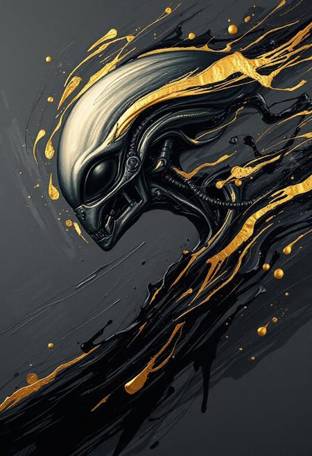 A hyper-stylistic, extremely detailed image depicts a breathtaking painting, crafted from a combination of smeared black and gold metallic paint. A alien is captured in a streaked motion, as if it is moving rapidly in one direction. The black paint is applied in bold, dynamic strokes, creating a sense of energy and movement that is contrasted beautifully by the golden accents. The gold paint is used to highlight the aliens features, adding a sense of depth and dimensionality to the image. The overall effect is one of breathtaking, surreal dynamism, as if the viewer has captured a fleeting moment in time. Every detail of the image is meticulously crafted, from the delicate, swirling patterns of the gold paint to the intricate, textured patterns of the black paint. The contrasts between light and dark, color and texture, create a sense of tension and energy that draws the viewer in, inviting them to explore the kinetic world of the painting. highest-Quality, intricate details, visually stunning, Masterpiece