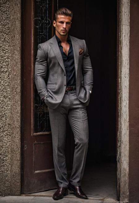 raw photo, full body, beautiful man, Mafia man, exudes confidence,  brown hair