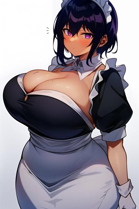 <lora:lilithv1:0.6> lilith, 1girls, big breasts, black hair, busty, curvy, darkskinned female, female, huge breasts, larger female, maid, maid headdress, older female, plump, purple eyes