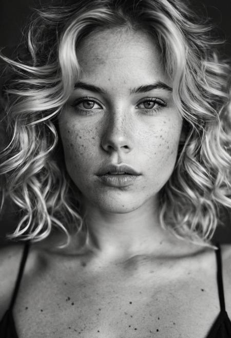 b&w (Anton Corbin photography style), (gritty, high contrast, slow shutter speed, grainy), (BW photo:1.5), (film grain:1.5), (grayscale:1.5), portrait photo of 26 y.o blonde woman, chin length wavy hair, perfect detailed light eyes, full pouty lips, lips parted, dark lips, natural skin, freckles,  hard shadows, chest up, film grain