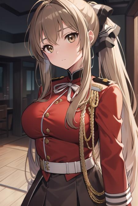 isuzusento, <lora:isuzusentotest:1>, 
isuzu sento, ahoge, (brown eyes:1.7), light brown hair, long hair, ponytail, hair ribbon, ribbon, (medium breast:1.2),
BREAK aiguillette, ankle boots, black ribbon, black skirt, boots, brown footwear, cross-laced footwear, frilled skirt, frills, jacket, lace-up boots, military, military uniform, pleated skirt, (red jacket:1.5), skirt, thighhighs, uniform, white thighhighs, white ribbon, buttons, sleeveless,
BREAK looking at viewer,
BREAK indoors, classroom,
BREAK <lora:GoodHands-vanilla:1>, (masterpiece:1.2), best quality, high resolution, unity 8k wallpaper, (illustration:0.8), (beautiful detailed eyes:1.6), extremely detailed face, perfect lighting, extremely detailed CG, (perfect hands, perfect anatomy),