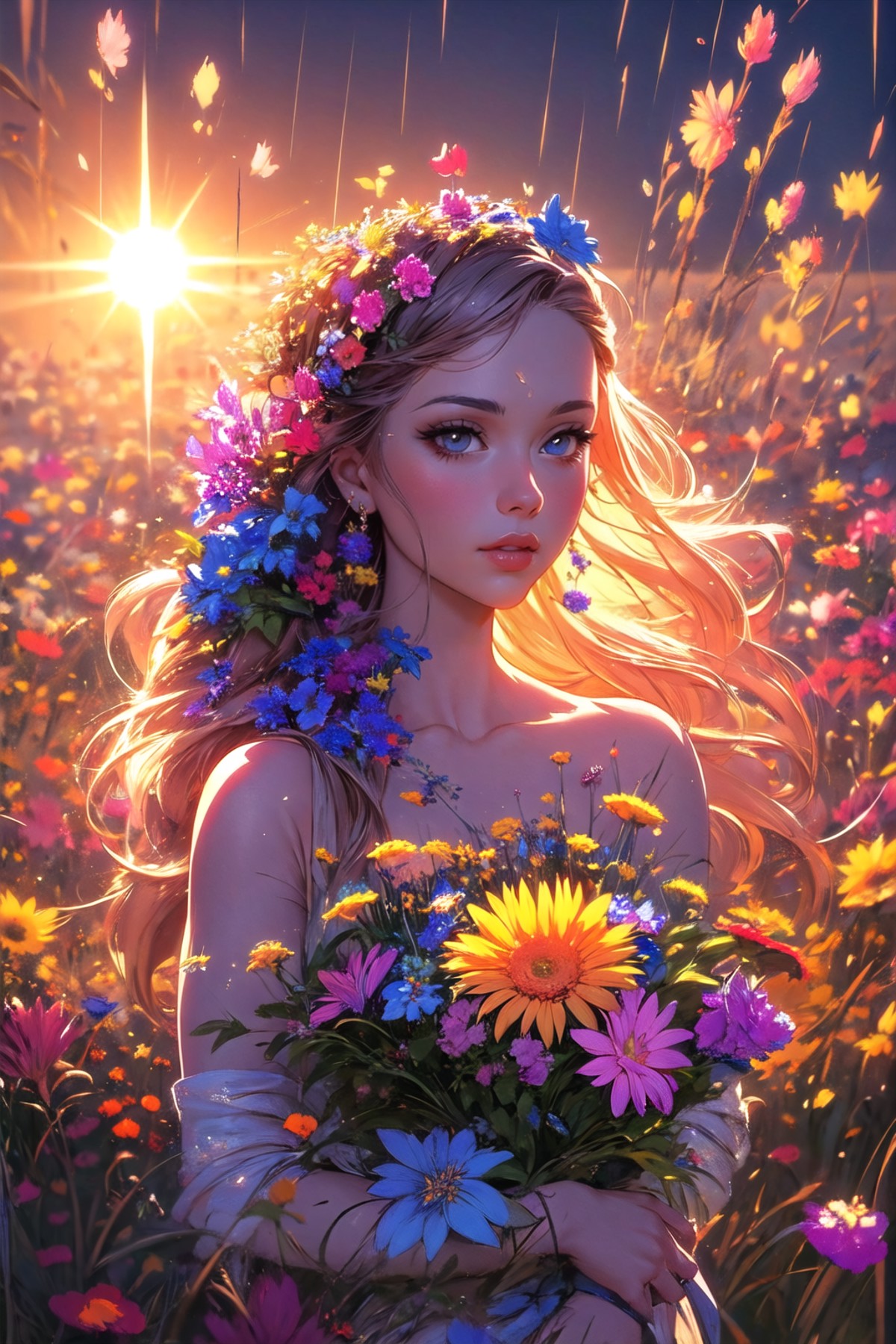 <lora:wrenchsfantasy-000016:0.9>, wrenchsfantasy, commercial illustration of a woman dressed in flowers with flowers in he...
