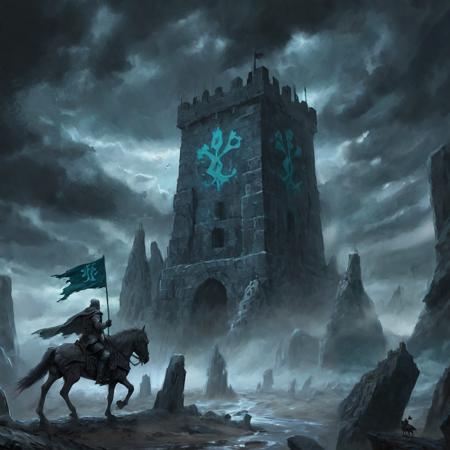 A digital painting depicting a dark and sinister landscape inspired by the Dark Souls and Grimdark aesthetic. A solitary knight mounted on a horse is holding a weathered flag, standing before a malevolent ancient tower. The tower is etched with mysterious, luminous runes and encircled by floating, ominous rocks. Overhead, the sky churns with oppressive clouds hinting at an approaching storm. The terrain is harsh, strewn with sharp rocks, and permeated with a sense of desolation. The color scheme is dominated by dark grays, deep blues, and intermittent flashes of teal from the glowing runes. The digital art style should be detailed and atmospheric, with strong contrasts, intricate textures, and a palpable sense of decay and forgotten lore.