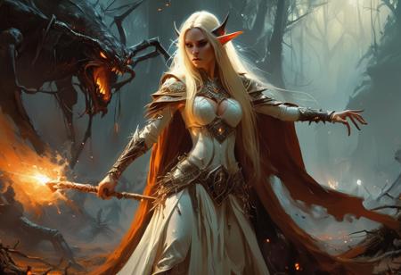 An epic fantasy scene featuring a powerful elf sorceress with long blonde hair and pointed ears. She is casting a fiery spell with her glowing staff, battling giant spiders in a burning field. The elf wears a regal robe with intricate gold trim, flowing dramatically as she moves. The background shows a dark forest with glowing embers and intense lighting, creating a dramatic and action-packed atmosphere. The sorceress looks serious and focused, ready to defeat her enemies,John Berkey Style page