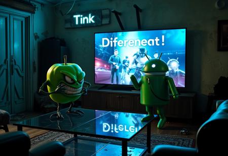 "In a dimly lit, decaying Italian apartment, a cartoonish green apple with exaggerated, glaring eyes and twisted limbs faces off against the iconic Android logo robot. The apple, perched on a cracked glass coffee table, sports a menacing grin and clenched, vine-like fists. Opposite it, the Android robot, its green metallic surface tarnished and scratched, stands in a defensive stance with malfunctioning, twitching antennae and a glare from its flickering eyes.
The massive OLED TV on the wall displays a vivid Apple computer commercial, casting a cold, flickering light that illuminates the tense standoff. Shadows from the TV’s bright visuals stretch and distort across the room, adding a dramatic effect to the confrontation.
Above the TV, a warped cardboard sign reading 'Think Different!' with jagged, irregular lettering hangs, its flickering LEDs casting eerie, shifting shadows on the peeling stucco walls. The room, once elegant with exposed brick and wooden beams, now feels oppressive and claustrophobic, filled with the scent of mildew. The green apple’s glossy skin and the Android’s rusty body gleam under the unsettling light, emphasizing their contrasting forms and the bizarre, hostile encounter in this decrepit, tech-infused setting."