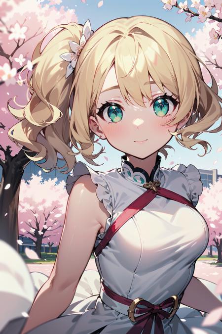 masterpiece, best quality, elegant, beautiful eyes, cute face, gorgeous face, perfect body,
medium hair, wavy hair, side ponytail, blonde hair, green eyes, white dress, medium breasts, narrow waist, glitter,
dynamic pose, depth of field, close-up, outdoors, wind, cherry blossoms,