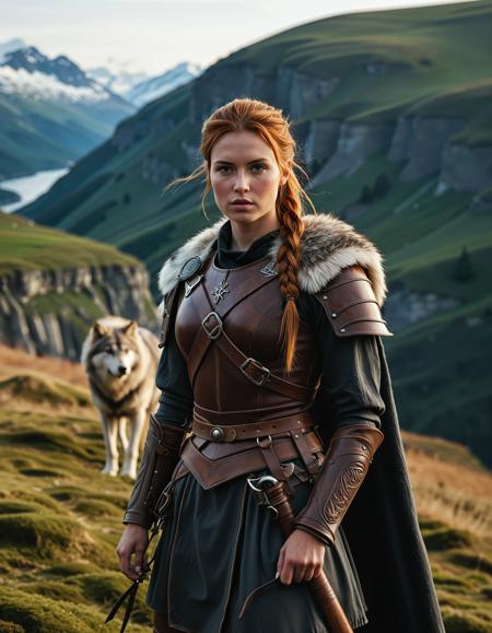 RAW full body image of a gorgeous 25 years old Gorgeous Viking Woman auburn haired, hair in a ponytail, <lora:NordicByNature:0.8>,The Wolf Companion, A fearless Viking woman standing beside a massive wolf, her leather armor blending with the rugged Nordic landscape.,high quality, film grain, Fujifilm XT3, 8k uhd, dslr, film grain, kodak tri-x 400 film, grain photo DOF, faint lighting, dynamic angle, cinematic, Depth of field, bokeh, best quality, cinematic, light particles, highly_detailed, very_aesthetic, golden hour, beautiful_and_aesthetic clear focus, high resolution image, (soft naural light), (rembrandt light), (soft shadows) ,Sexy pose, erotic pose, exhibitionism,