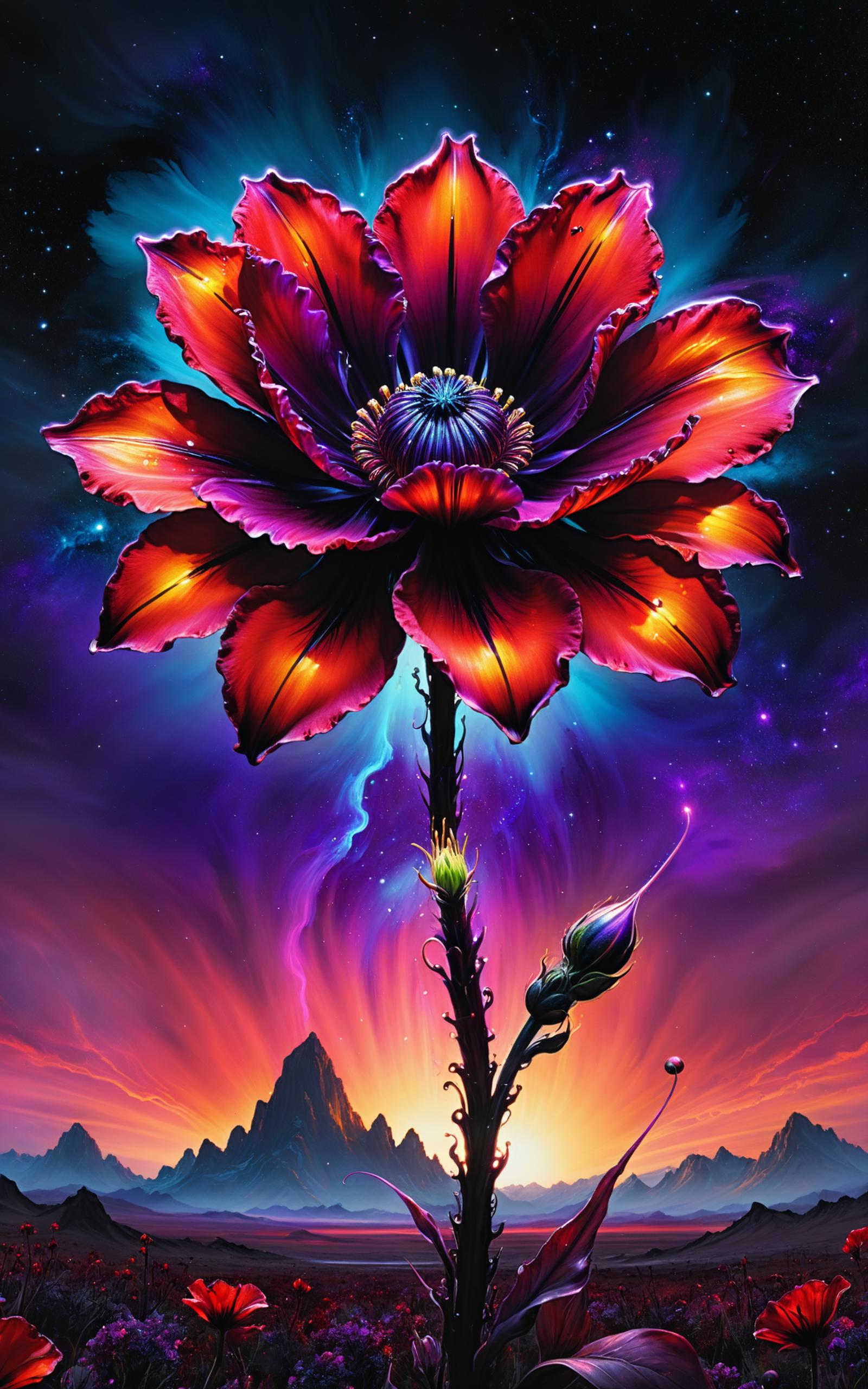 A vibrant artistic flower with a purple and orange background.