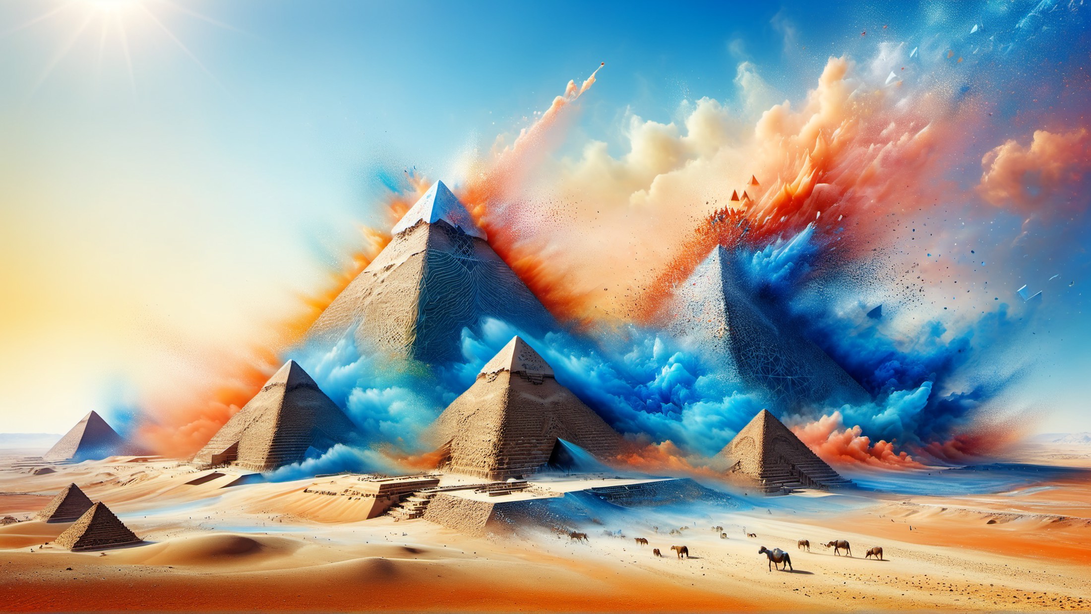 by Franz Marc, Raw digital photo, epic Holography of a landscape of a Steel Blue, Sand and Coral (Pyramids of Giza:1.1) , ...