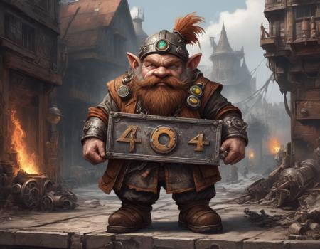((a little mechanic dwarf)) + (shameful face:1.2) + and holding a metal (large_wide_sign:1.5) with the number_ (((4_0_4:1.5))), burning city in the background
steampunk style, highly detailed, intricated details, fantasy_art