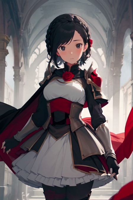 ANMRxSummer, 1girl, solo, short hair, frilled skirt, black hair, black gloves, black dress, shoulder armor, braid, pantyhose, frills, fingerless gloves, black cape, armor, black eyes, breastplate, medium breasts, crimson rose (symbol) 