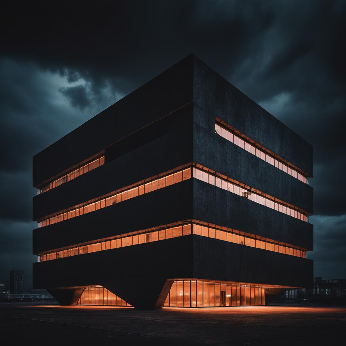 A dark building with many windows stands tall with a dark sky above.