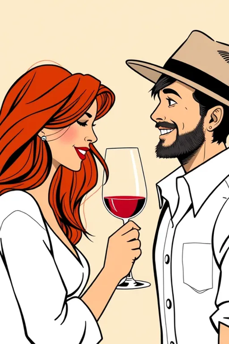 vector illustration of a couple with wine glass, redhead woman, man with a hat, illustration, poster