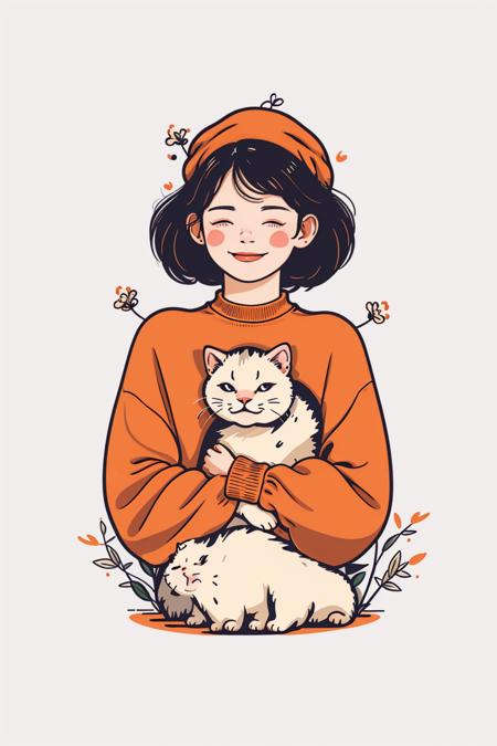 sdmai,Flat illustration, 
1girl, closed eyes, cat, smile, orange sweater, blush, sweater, hat, white headwear, long sleeves, animal, flower, white flower, upper body, simple background, white cat, solo, leaf, plant, holding animal, brown hair, medium hair, holding, (masterpiece:1.2), best quality, highres,extremely detailed CG,perfect lighting,8k wallpaper,
<lora:SDMAIç®ç¬çº¿æ¡ç¢éæç»:1>