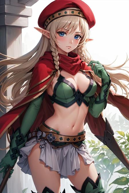 alleyne elf side braid beret cape skirt thighhighs green footwear thigh boots midriff cleavage