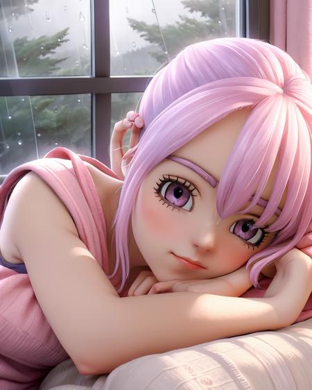 <lora:teresa:1> teresadq, pink hair, 1 cute Female. Highly detailed beautiful expressive eyes. Train window seat. Quietly relaxing. Sleepy. Wearing V-neck knit tank top and thermal leggings. Warm blanket. Head leaning against the window. Calm and peaceful expression. Dim and cold weather, very cloudy sky, raining, condensation or dew on the window, forest background. Overcast sky, cozy and comfortable atmosphere, soft lighting. Photorealistic, Natural atmospheric lighting, intricate details, 35mm photograph, film, professional, 4k visuals, highly detailed, elegant, studio quality.