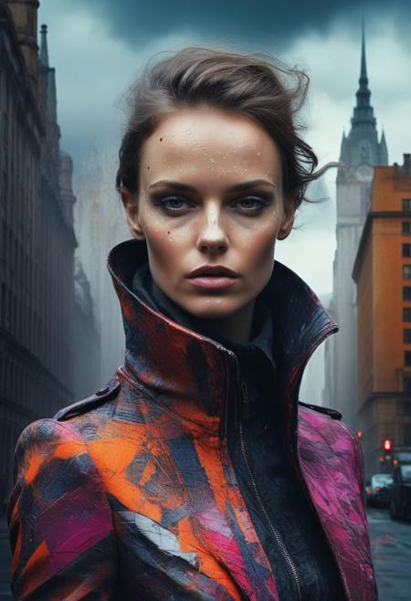 A captivating mixed media portrait by Tibor Nagy, showcasing a dark fantasy character dressed in a vibrant, patterned outfit. The character's face is portrayed with loose, impasto brush strokes, giving it a textured and dynamic appearance. The intriguing background merges graffiti-style urban art with a cinematic cityscape, featuring tall buildings and a dramatic, stormy sky. This striking artwork combines various styles and elements to create a unique and unforgettable visual experience that transcends traditional boundaries., poster, portrait photography, conceptual art, fashion, dark fantasy, vibrant, cinematic, illustration, graffiti, 3d render, painting, photo
