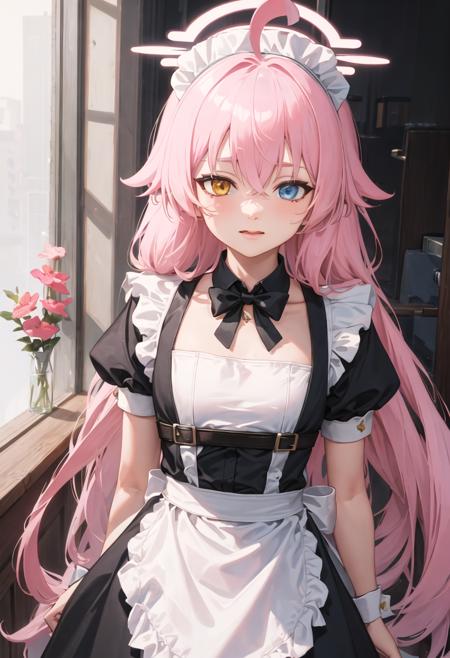 best quality, masterpiece, highres, solo, {hoshino_bluearchive:0.90}, {maid:1.40}, {long maid dress:1.15}