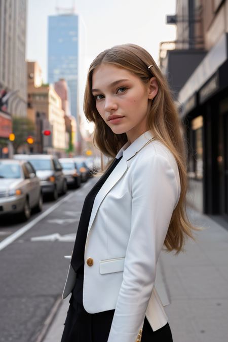 MeganDeshotel, ((22 years old)), photography by (Rodney Smith:1.3), ((upper body focus, shoulders)), modelshoot, pose, (business suit, black jacket, white blouse, facing viewer, busy Manhattan sidewalk, looking at viewer, blurry background, bokeh, ID photo:1.3), serious look