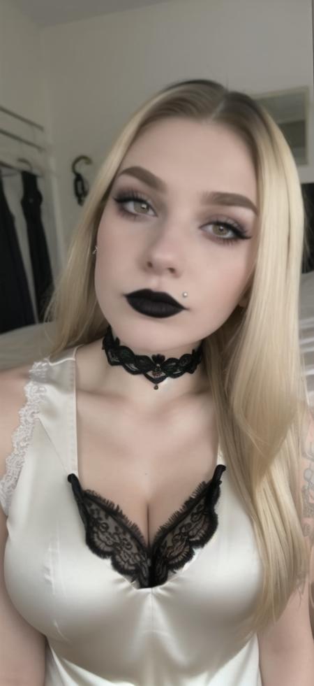 (masterpiece, best quality, absurdres, high detail), 1girl, solo, 19yo white girl, curvy body, medium breasts, blonde undercut, side shaved head, pale skin, tattoos, (black lace nightgown:1.2), choker, dark eyeliner, dark lipstick, gothic makeup, sitting on bed, (monpier2023, upper lip piercing), close-up,  <lora:monpier2023:0.9>