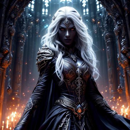 drow, ((masterful portrait)) of drow, dark elf, fantasy, robes, ornaments, noble, detailed, female, white hair, intricate jewellry, beautiful, red eyes, pretty, casting a spell, charismatic, with expressive expression, in dynamic pose, showing emotional emotion, with unique trait, ((perfect character design)), ((highly detailed)), in ((detailed dramatic setting)) during dramatic lighting, with atmospheric conditions, ((perfect environment design)), ((masterful Dreamworks animation)), ((perfect dramatic lighting)), ((beautiful vibrant colors)), ((professional quality)), ((perfect composition)), ((dramatic visual effect)), ((adventurous feel)), ((cinematic quality)), ((perfect rendering))