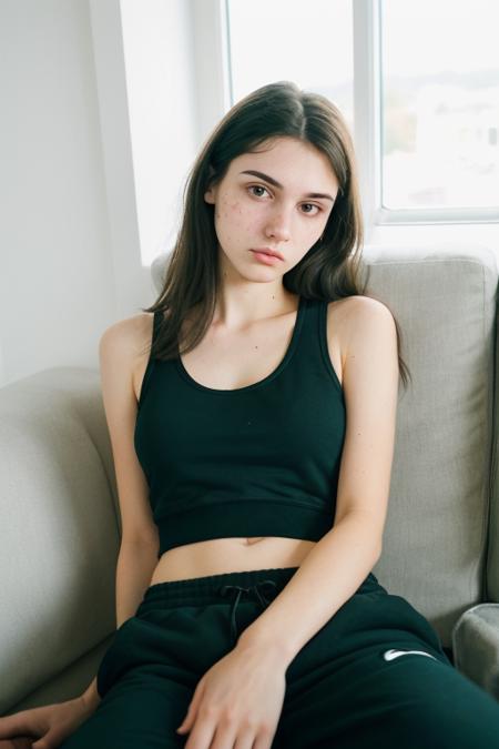 RAW photo of a 20 y.o woman, average looking person, dark hair, alternative style, e-girl, grunge, ((wearing sweatpants and a tanktop)), sleepy eyes, (pale skin), (detailed face), thin body, large breasts, ((half body)), ((lying on the couch)), resting, (high detailed skin:1.2), 8k uhd, dslr, soft lighting, high quality, film grain, Fujifilm XT3