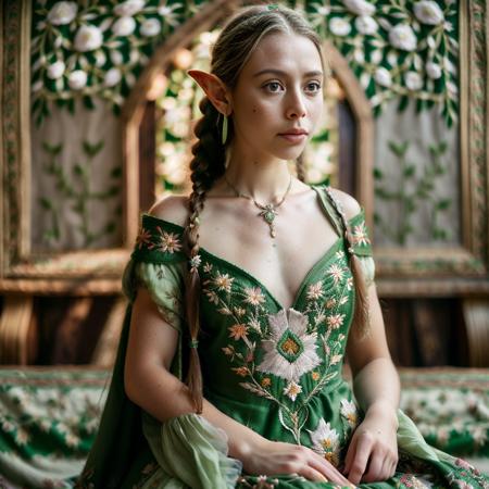 <lora:RPGNobleWoman:0.7> (noble (woman):1.3), 1girl, solo, long hair, ((green eyes)), crown, ((elven dress)), ((embroidered dress)), ((floral print)), freckles, mole under mouth, portrait, braid, necklace, mole, blurry, twin braids, lips,  depth of field, blurry background, (realistic:1.3)