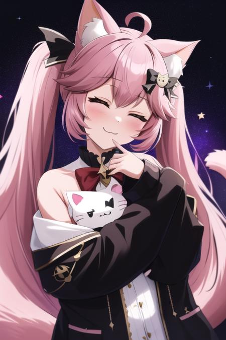 <lora:nyatasha_nyanners:1>, nyatasha nyanners, masterpiece, best quality, 1girl, virtual youtuber, animal ears, cat ears, tail, cat tail, closed eyes, pink hair, cat girl, long hair, bow, eyepatch, animal ear fluff, smile, blush, twintails, ahoge, cat, solo, hair bow, stuffed cat, jacket, black jacket, bangs, :3, facing viewer, black bow, star \(sky\), hair ornament, heart, closed mouth, upper body, tail ornament, space, starry sky, long sleeves, black shirt, frilled collar, shirt, sidelocks, starry background, stuffed toy, hair between eyes, open clothes, off shoulder, tail raised, animal