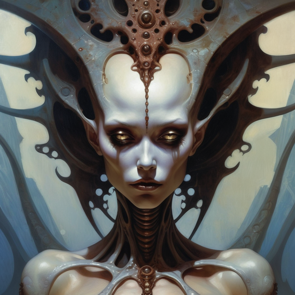 award winning painting by gerald brom,  close up, fractal alien woman, 8k resolution, trending on art station
