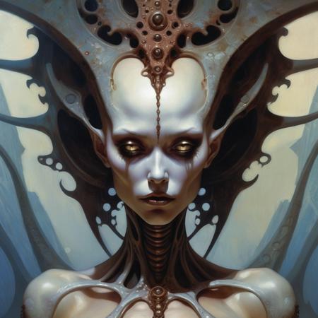 award winning painting by gerald brom,  close up, fractal alien woman, 8k resolution, trending on art station
