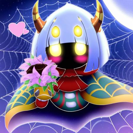 taranzaspider, 1boy, solo, extra eyes, extra hands, spider web print, solid oval eyes, rayman limbs, horns, dark skin, fangs, cape, ascot 