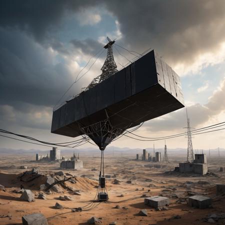 ultra high resolution, masterpiece, best quality, small featureless angular glossy black spacecraft with a rough textured surface hovering low to the ground, underneath the spacecraft are cables hoses and wires, antennas on top, cables hanging from below, rectangular in shape, futuristic world, post apocalyptic landscape, ((low concrete buildings:1.3)) anti gravity, in the atmosphere, sky, clouds, ground visible, hovering, dry, ((dusty)), bleak landscape, parched, bright noon sunlight, square shapes, bleached colors, destroyed industrial buildings, powerlines and towers, concrete foundations