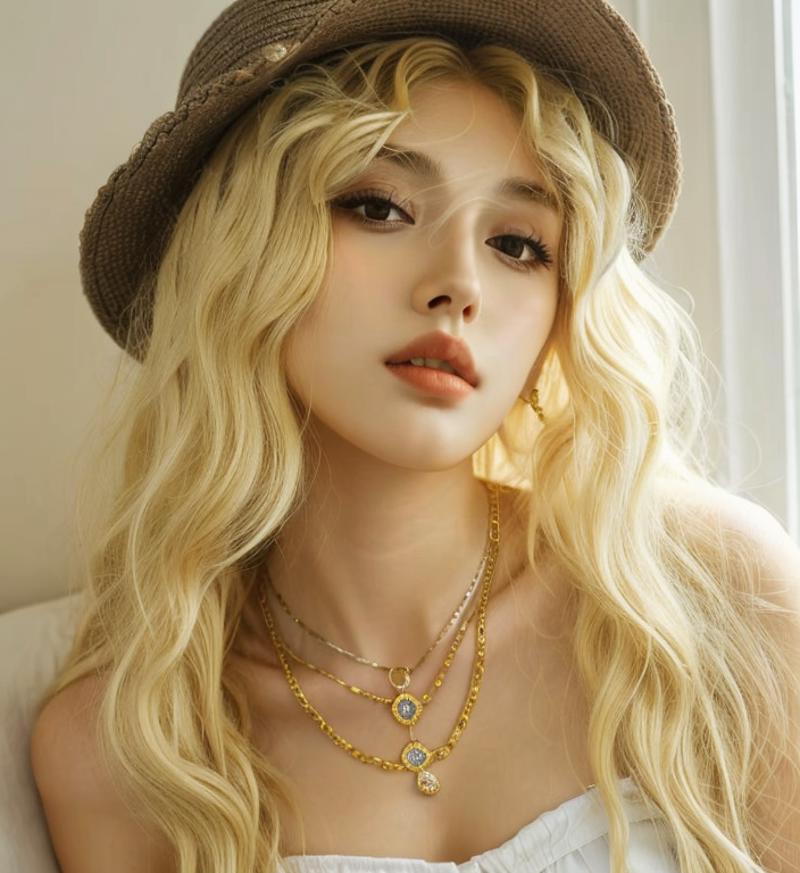 1girl, solo, long hair, looking at viewer, blonde hair, hat, bare shoulders, jewelry, parted lips, necklace, mole, lips, s...