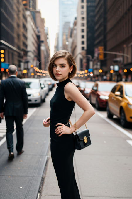 KiernanShipka, photography by (Rodney Smith:1.3), ((face focus, shoulders)), modelshoot, pose, (business dress, facing viewer, busy Manhattan sidewalk, looking at viewer, blurry background, bokeh, ID photo:1.3), grin