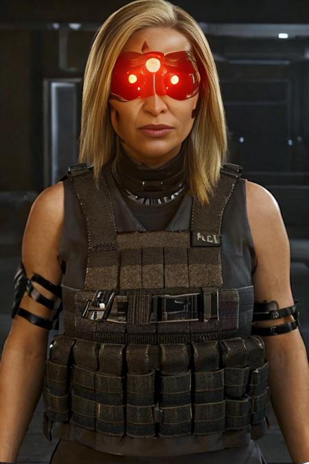 <lora:CyberMaelstrom:1>, glowing eyes, cybernetic implants, one character, bulletproof vest, woman looking at viewer, multiple eyes, realistic, vibrant